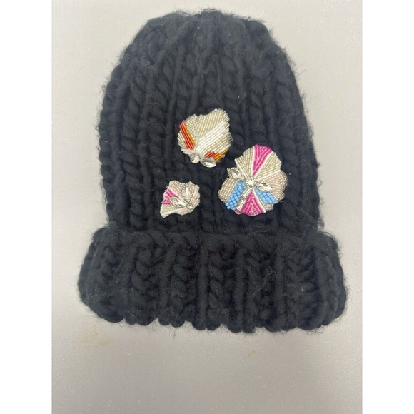 Anthropologie Beanie Black Sequin Embellished Large Knit Cap Toboggan #32‎ - Picture 1 of 6